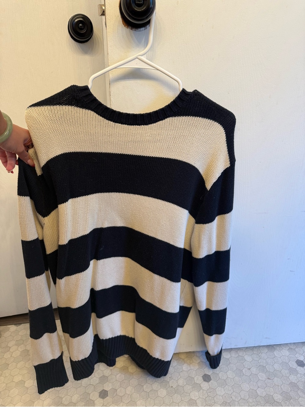 john galt Black and Cream Striped Crewneck Sweater